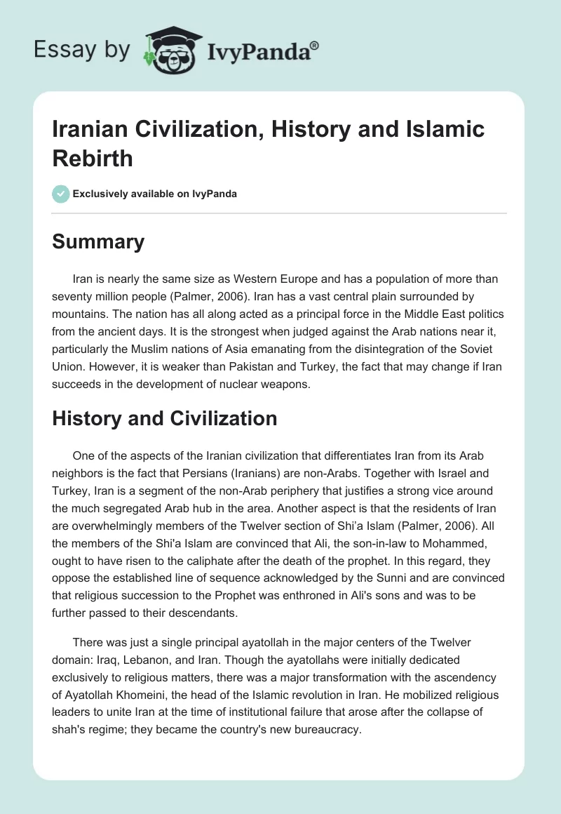 Iranian Civilization, History and Islamic Rebirth. Page 1