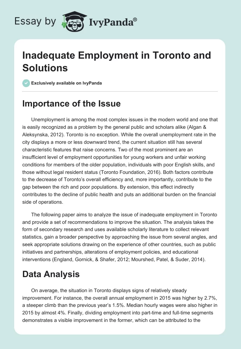 Inadequate Employment in Toronto and Solutions. Page 1