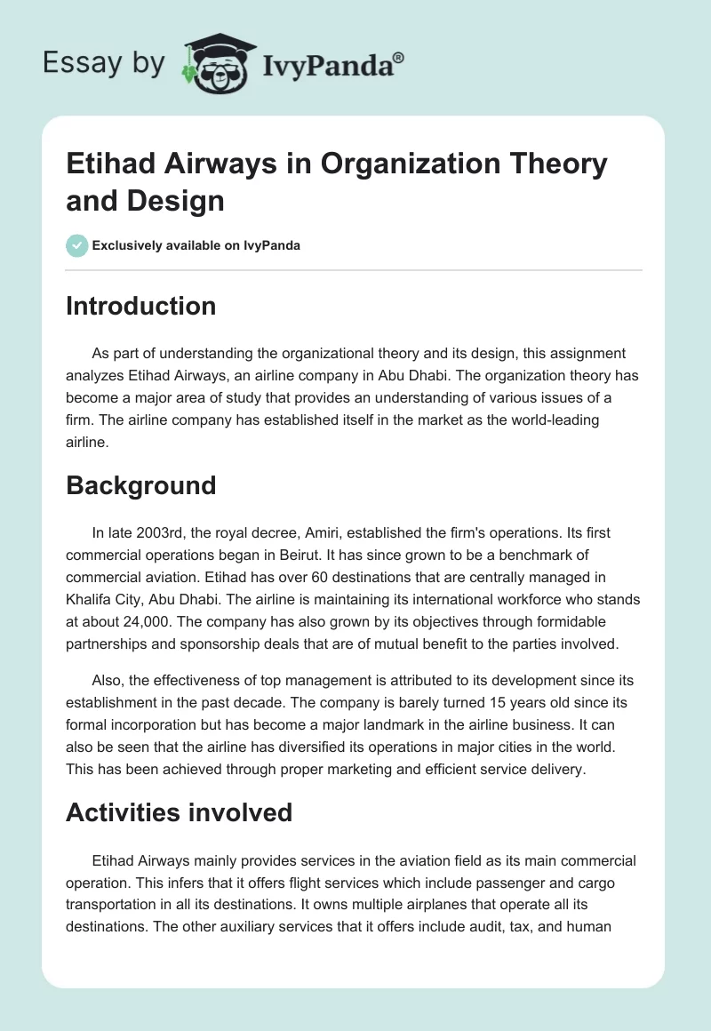 Etihad Airways in Organization Theory and Design. Page 1