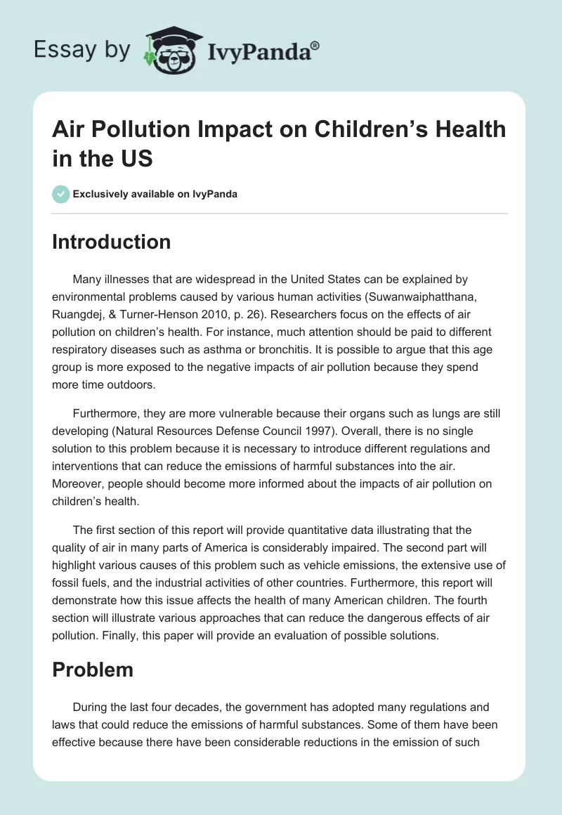 Air Pollution Impact on Children’s Health in the US. Page 1