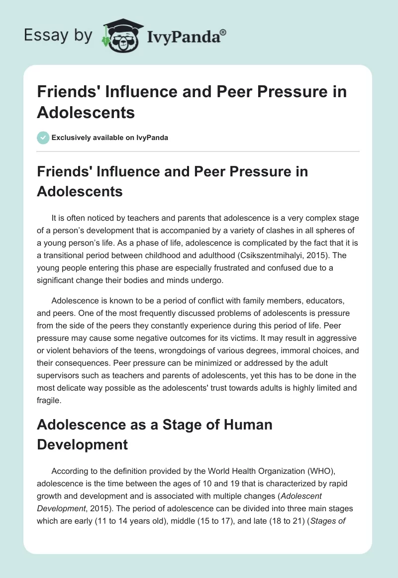 Friends' Influence and Peer Pressure in Adolescents. Page 1