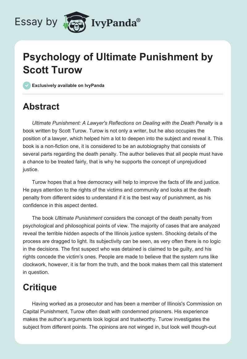Psychology of "Ultimate Punishment" by Scott Turow. Page 1