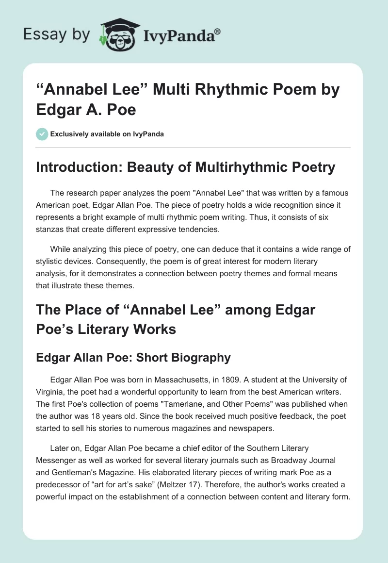 “Annabel Lee” Multi Rhythmic Poem by Edgar A. Poe. Page 1