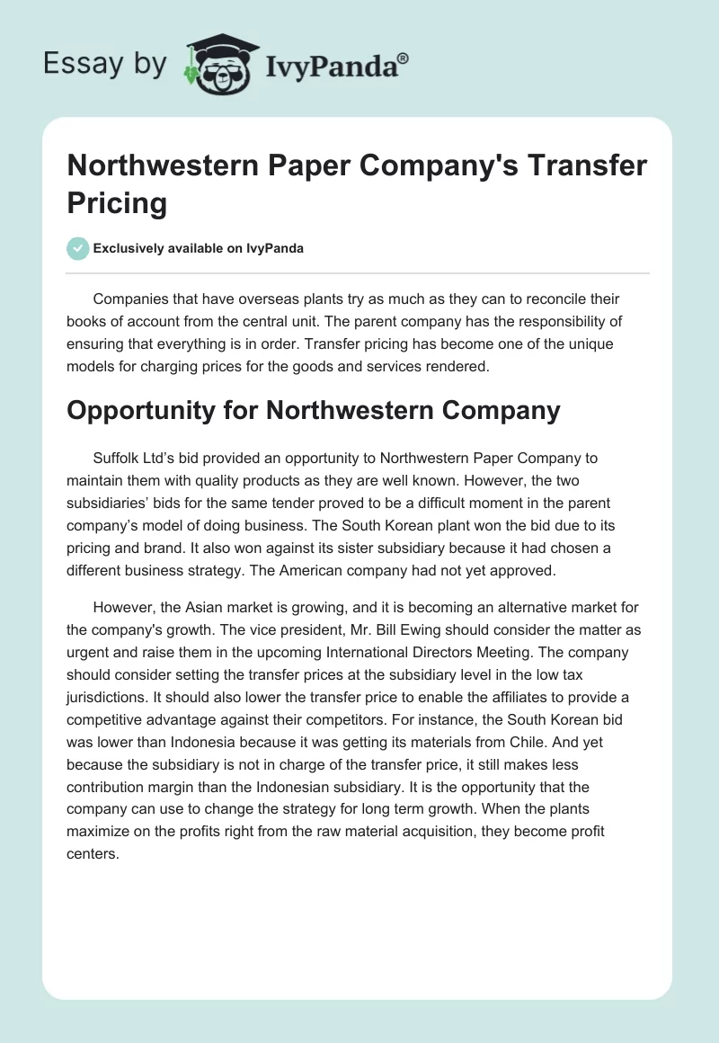 Northwestern Paper Company's Transfer Pricing. Page 1