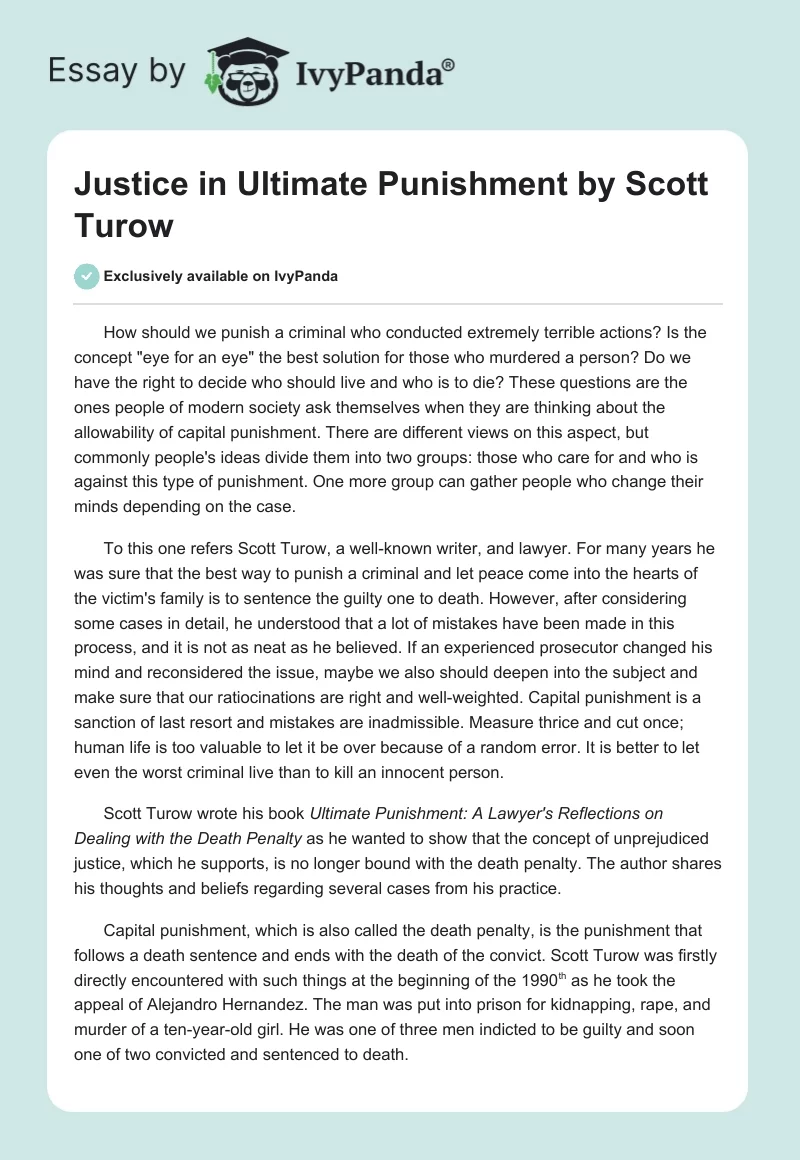 Justice in "Ultimate Punishment" by Scott Turow. Page 1