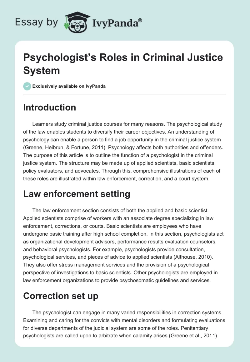 Psychologist’s Roles in Criminal Justice System. Page 1