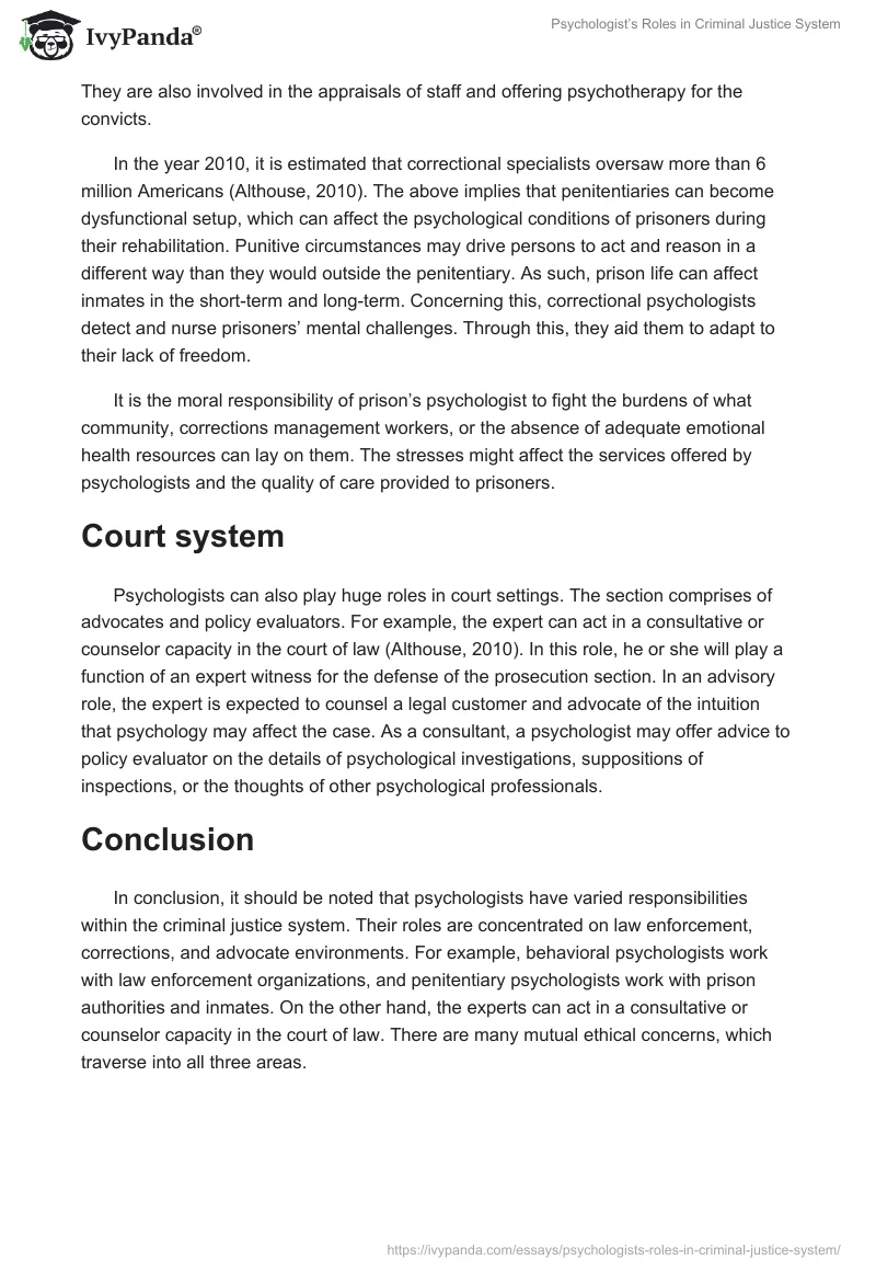 Psychologist’s Roles in Criminal Justice System. Page 2