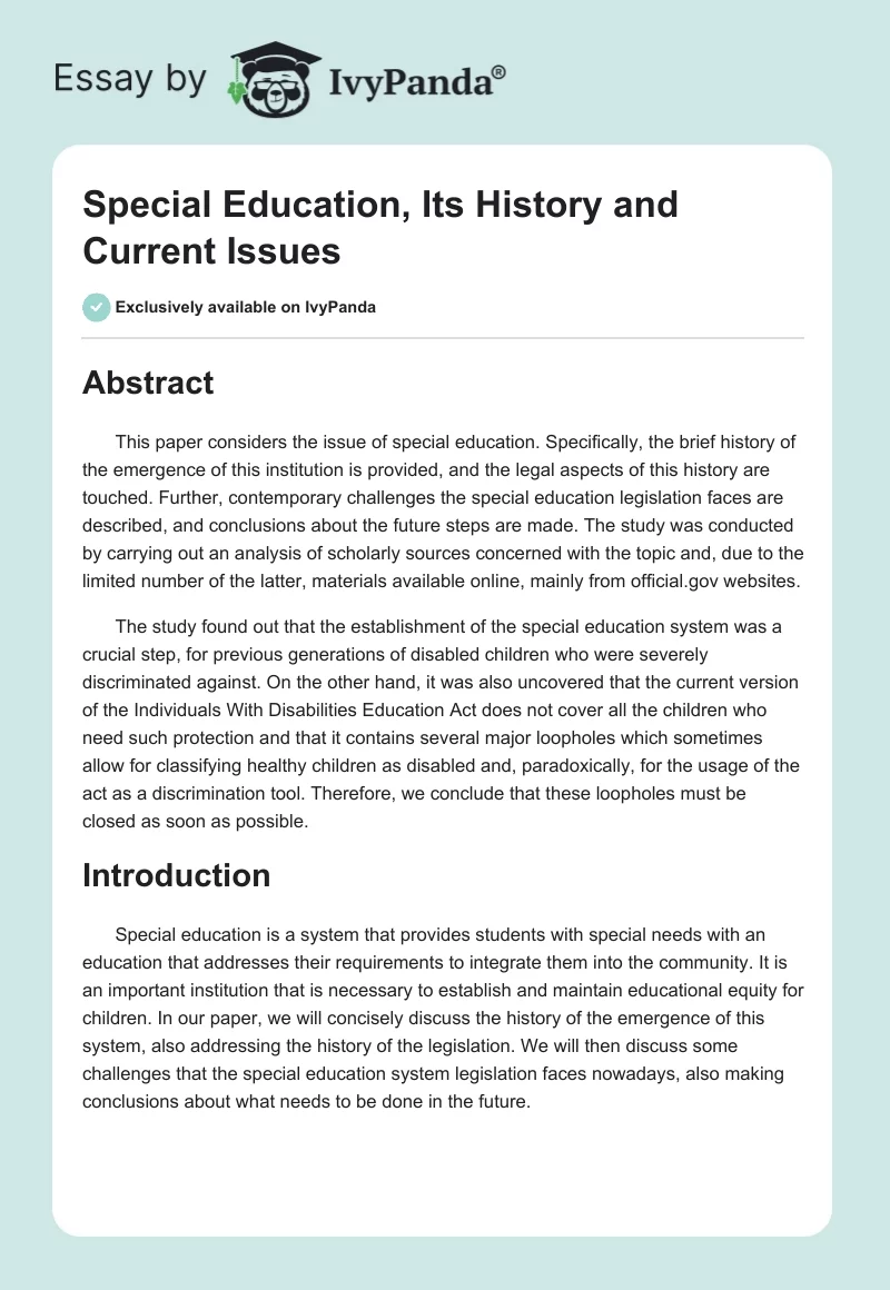 Special Education, Its History and Current Issues. Page 1