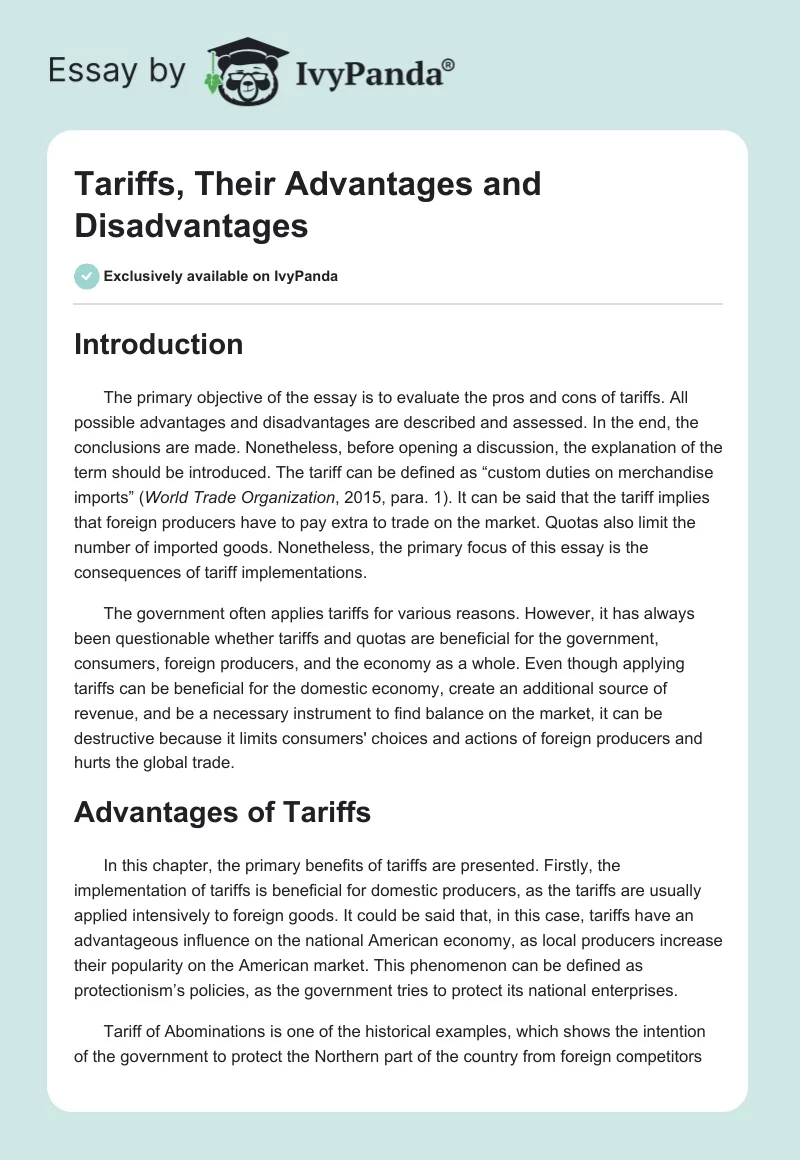 Tariffs, Their Advantages and Disadvantages. Page 1