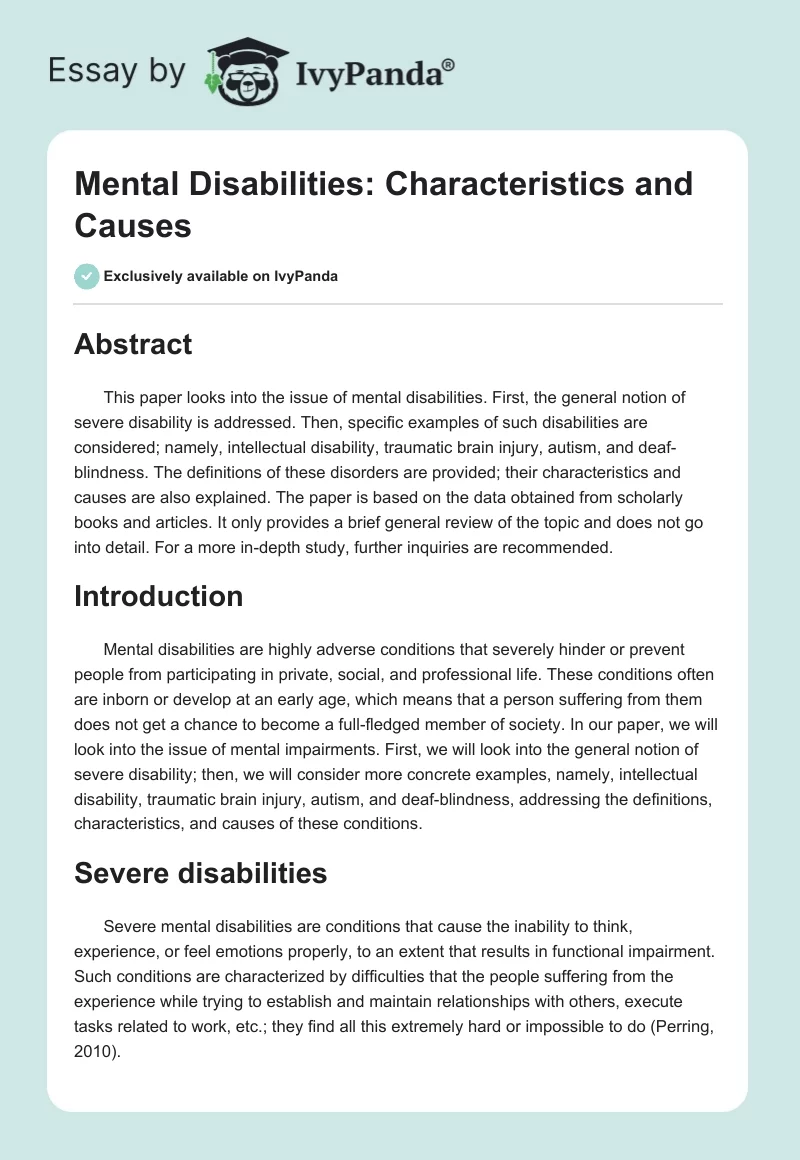 Mental Disabilities: Characteristics and Causes. Page 1