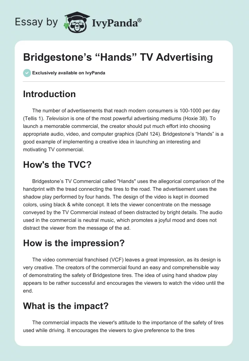 Bridgestone’s “Hands” TV Advertising. Page 1