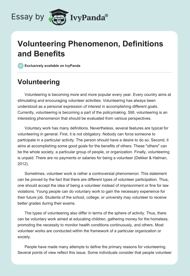 Volunteering Phenomenon, Definitions and Benefits. Page 1