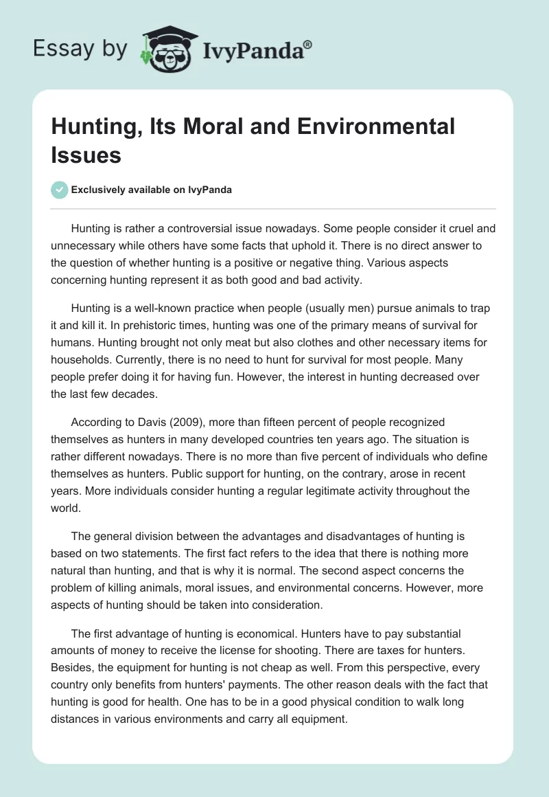 Hunting, Its Moral and Environmental Issues. Page 1