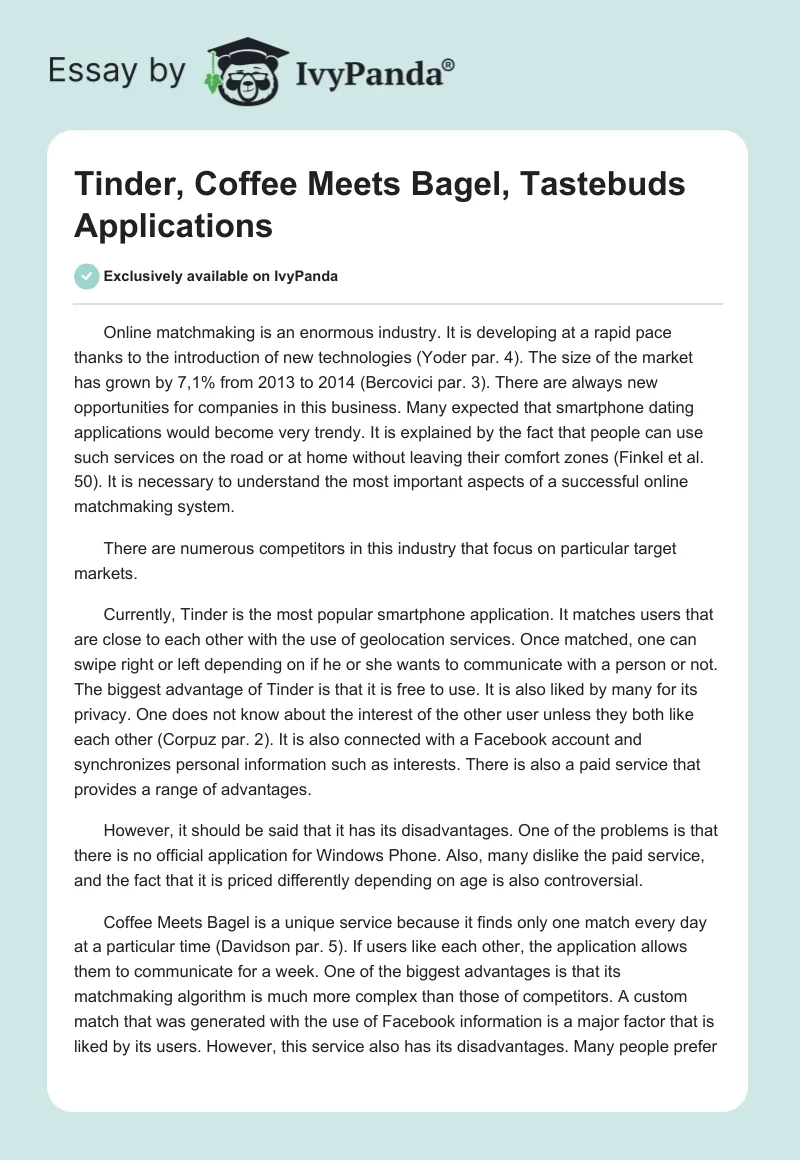Tinder, Coffee Meets Bagel, Tastebuds Applications. Page 1