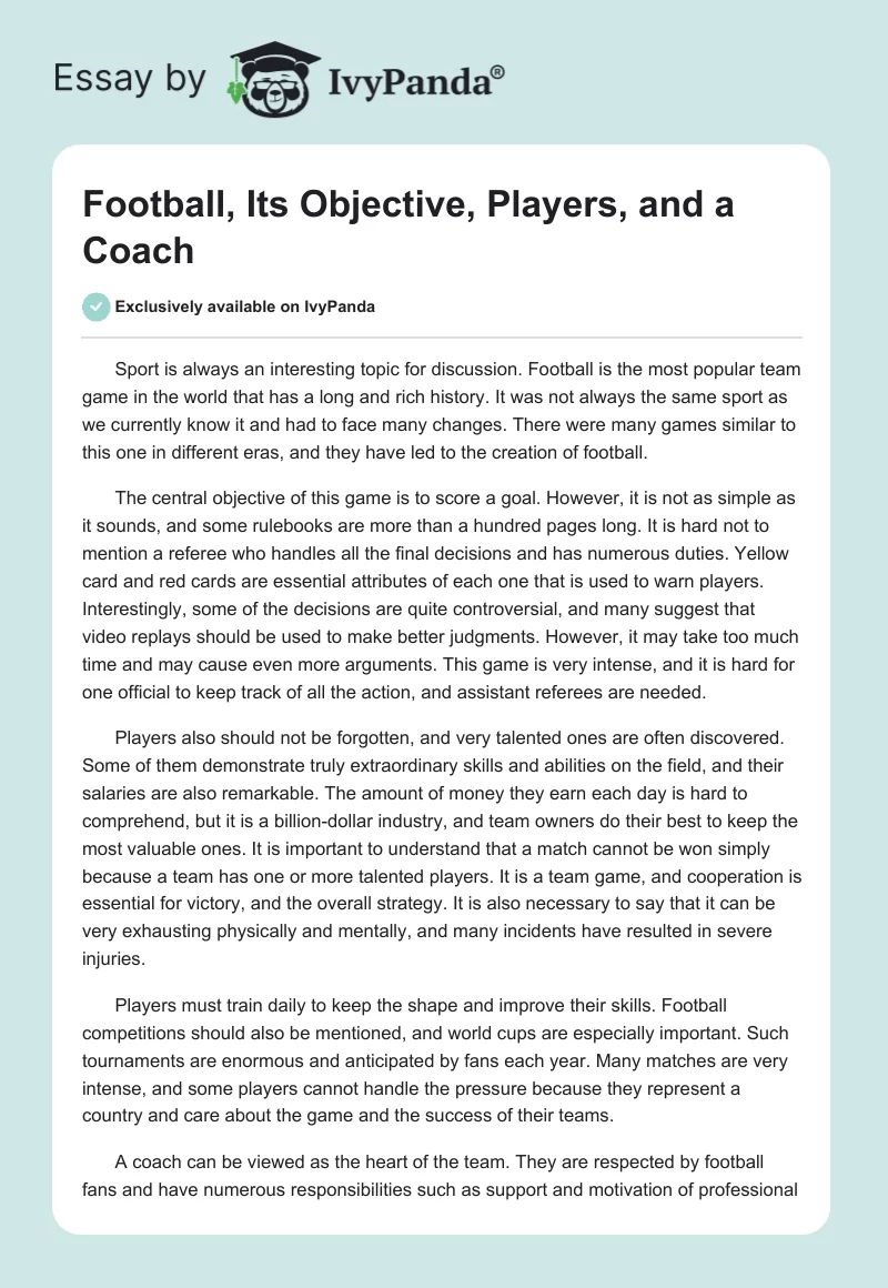 Football, Its Objective, Players, and a Coach. Page 1