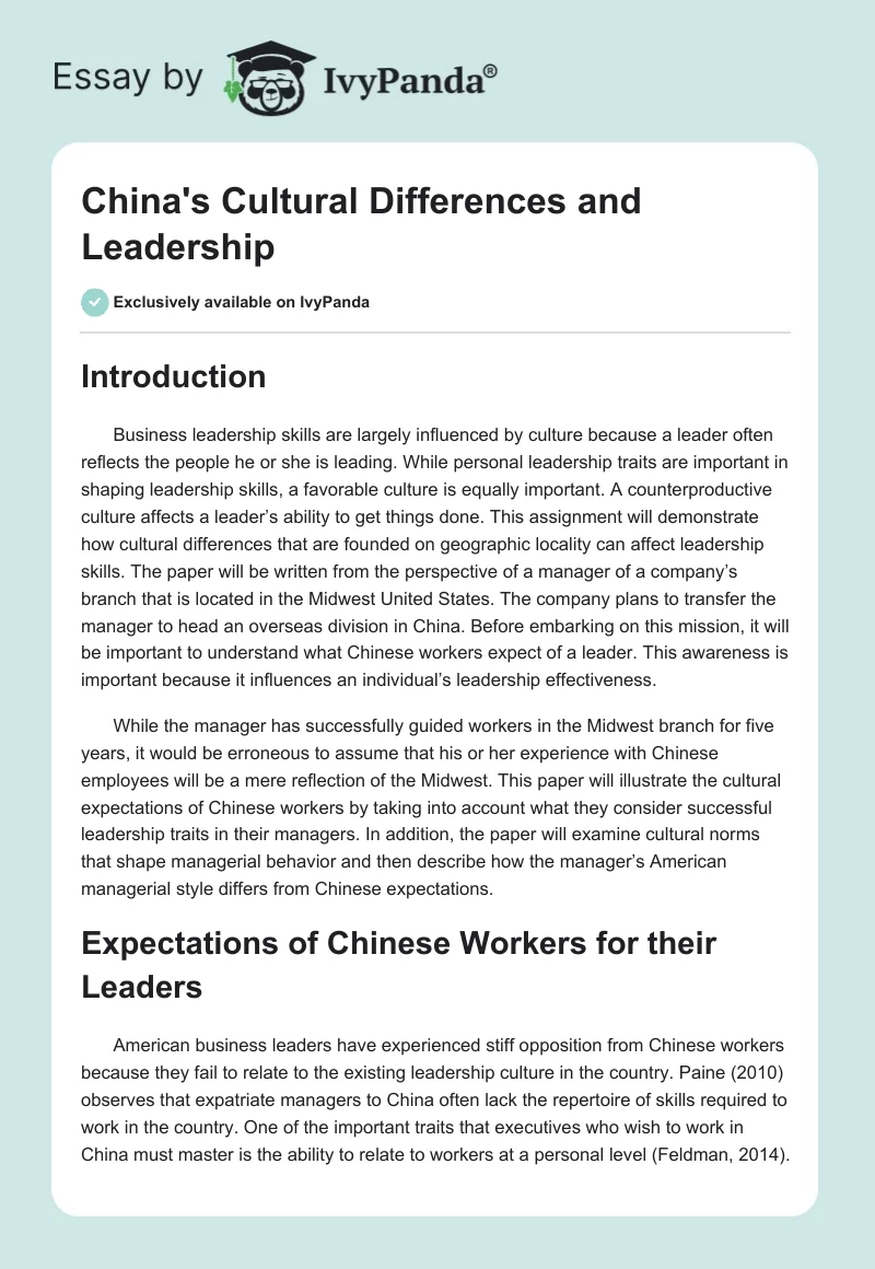 China's Cultural Differences and Leadership. Page 1