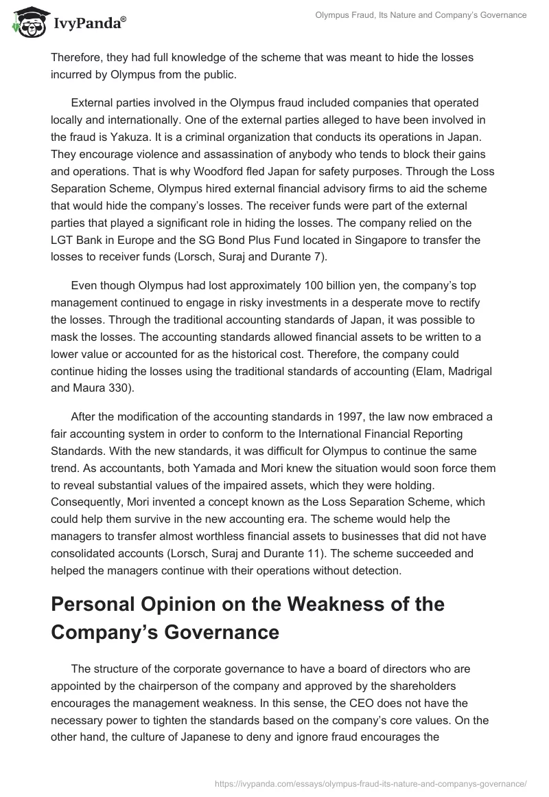 Olympus Fraud, Its Nature and Company’s Governance. Page 5