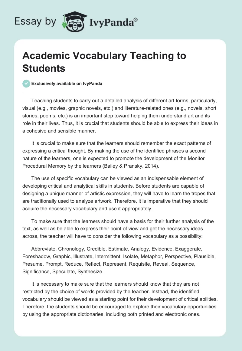 Academic Vocabulary Teaching to Students. Page 1