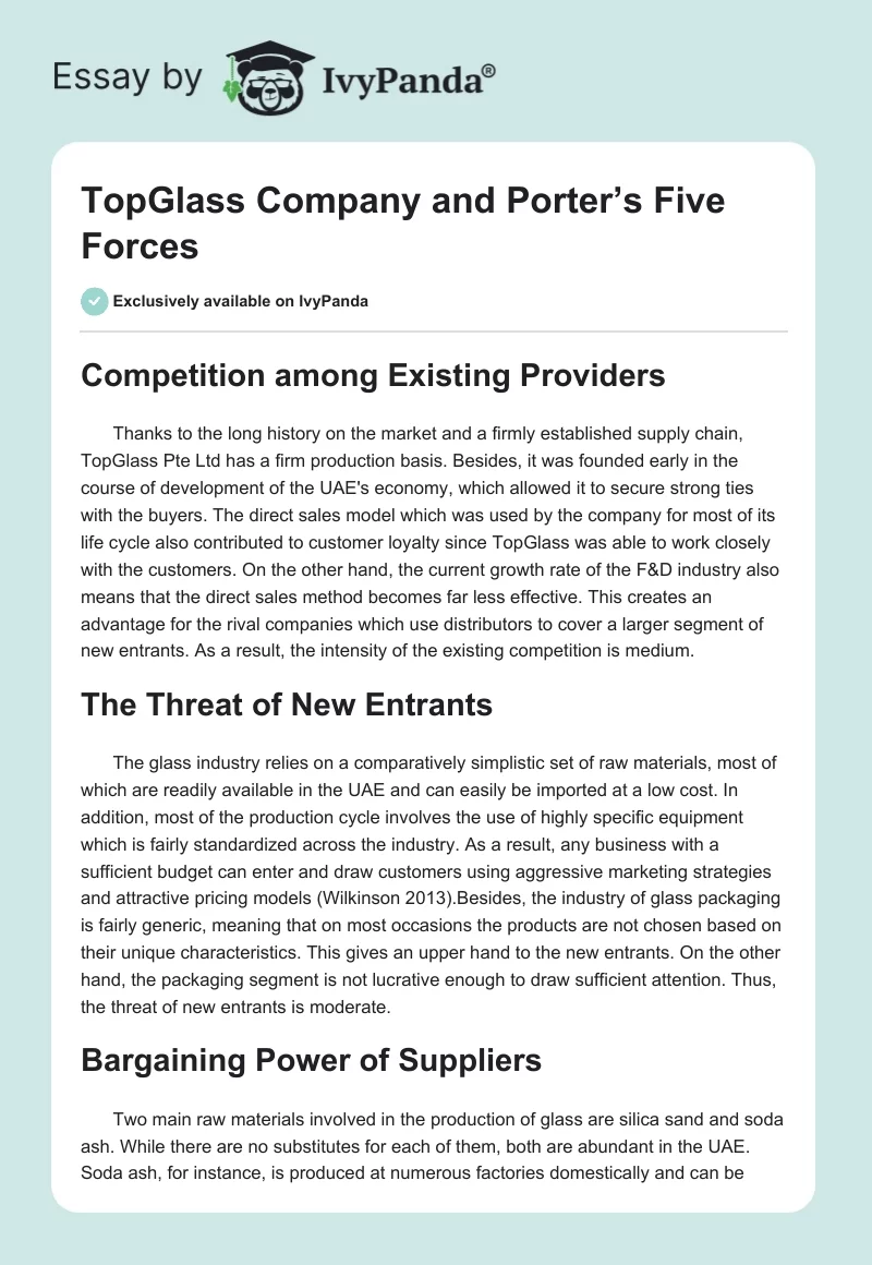 TopGlass Company and Porter’s Five Forces. Page 1