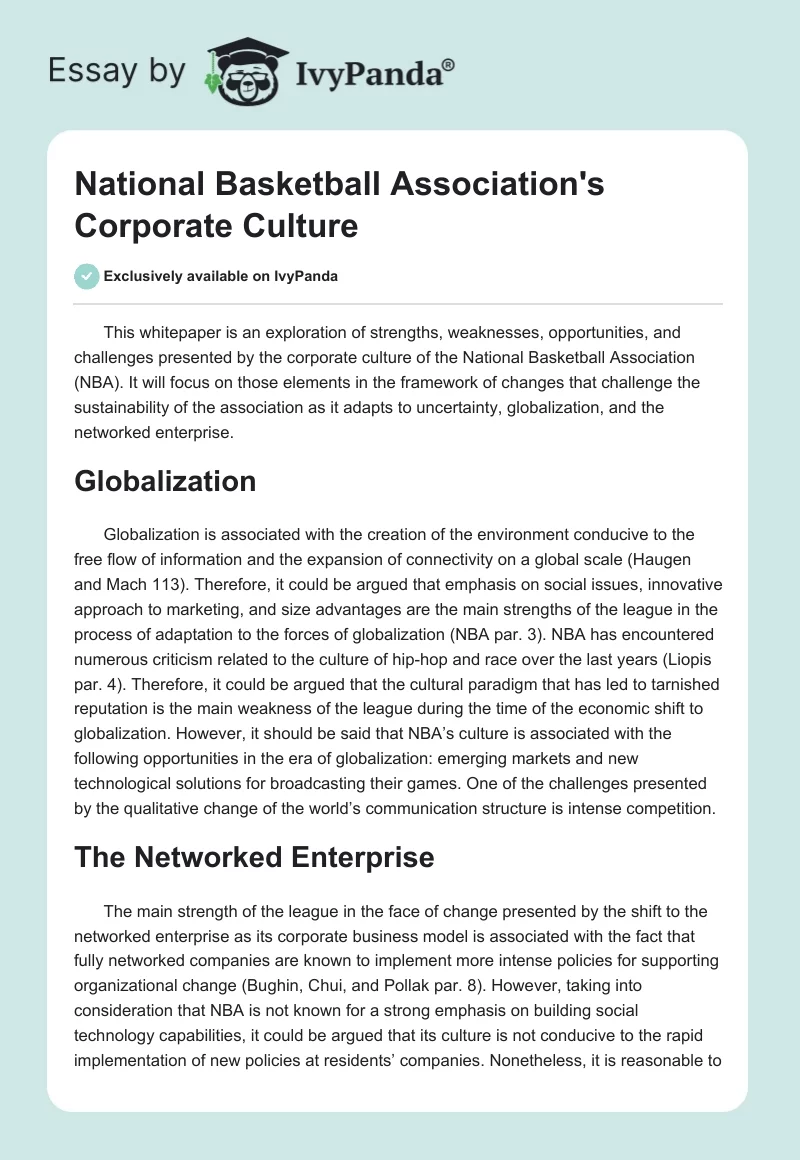 National Basketball Association's Corporate Culture. Page 1
