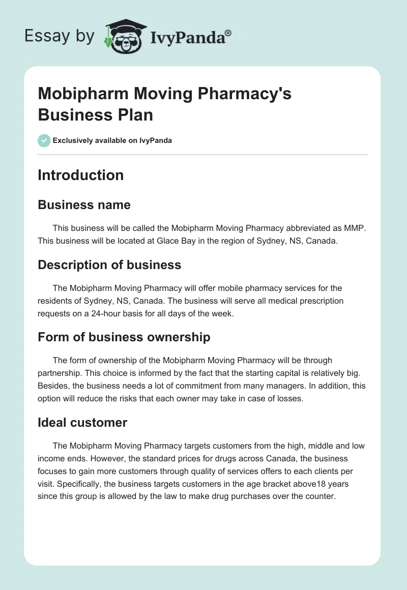Mobipharm Moving Pharmacy's Business Plan. Page 1