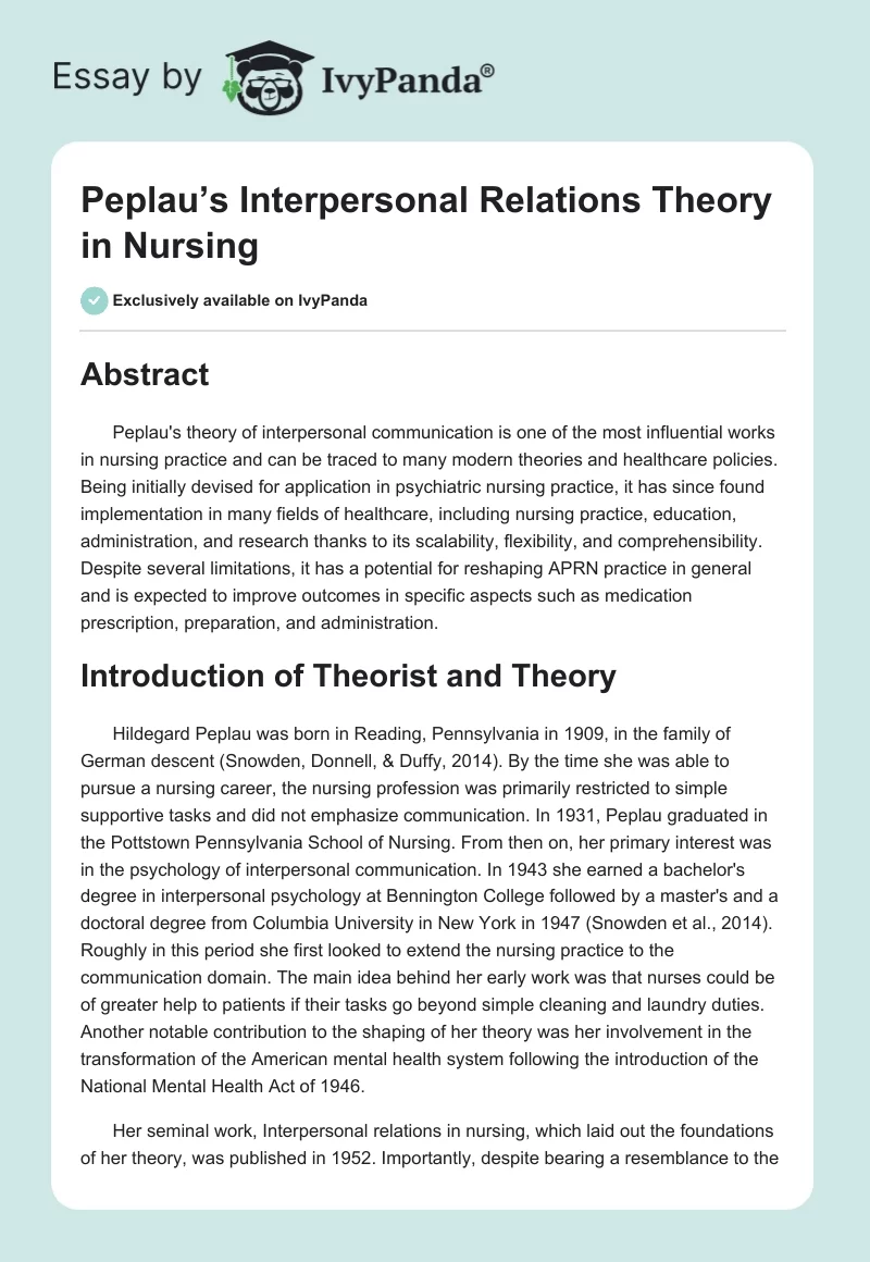 Peplau’s Interpersonal Relations Theory in Nursing. Page 1