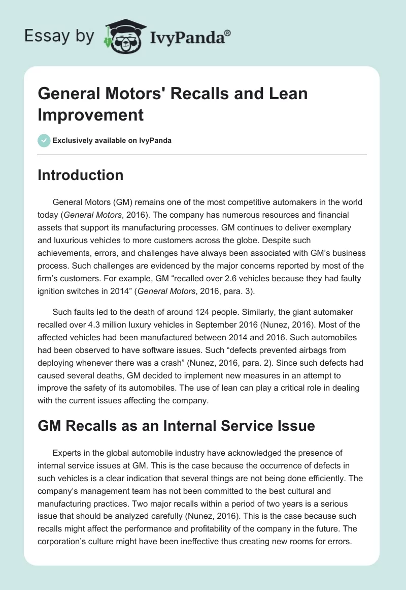 General Motors' Recalls and Lean Improvement. Page 1