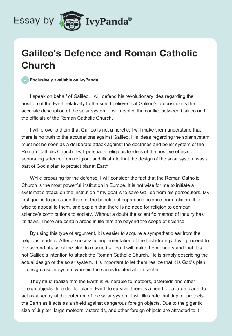 Galileo's Defence and Roman Catholic Church. Page 1