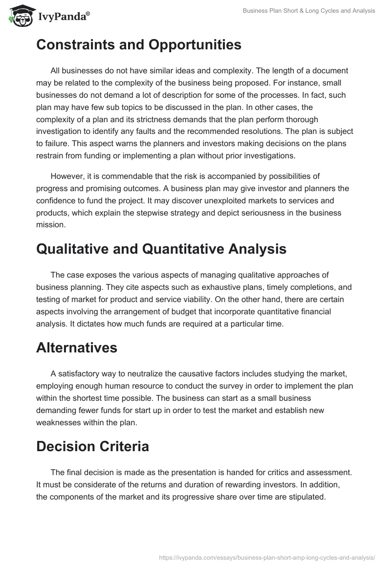 Business Plan Short & Long Cycles and Analysis. Page 4