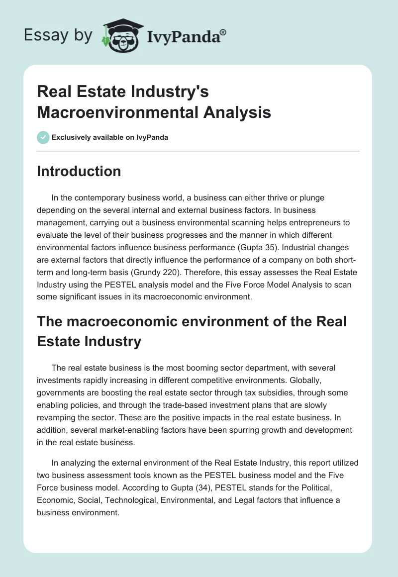 Real Estate Industry's Macroenvironmental Analysis. Page 1
