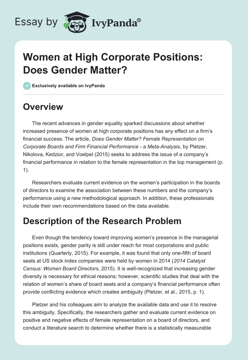 Women at High Corporate Positions: Does Gender Matter?. Page 1