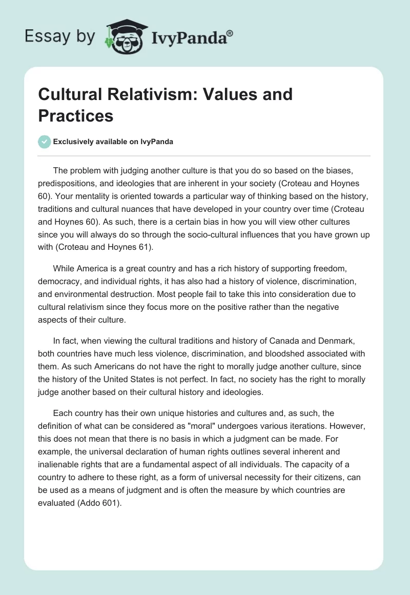 Cultural Relativism: Values and Practices. Page 1