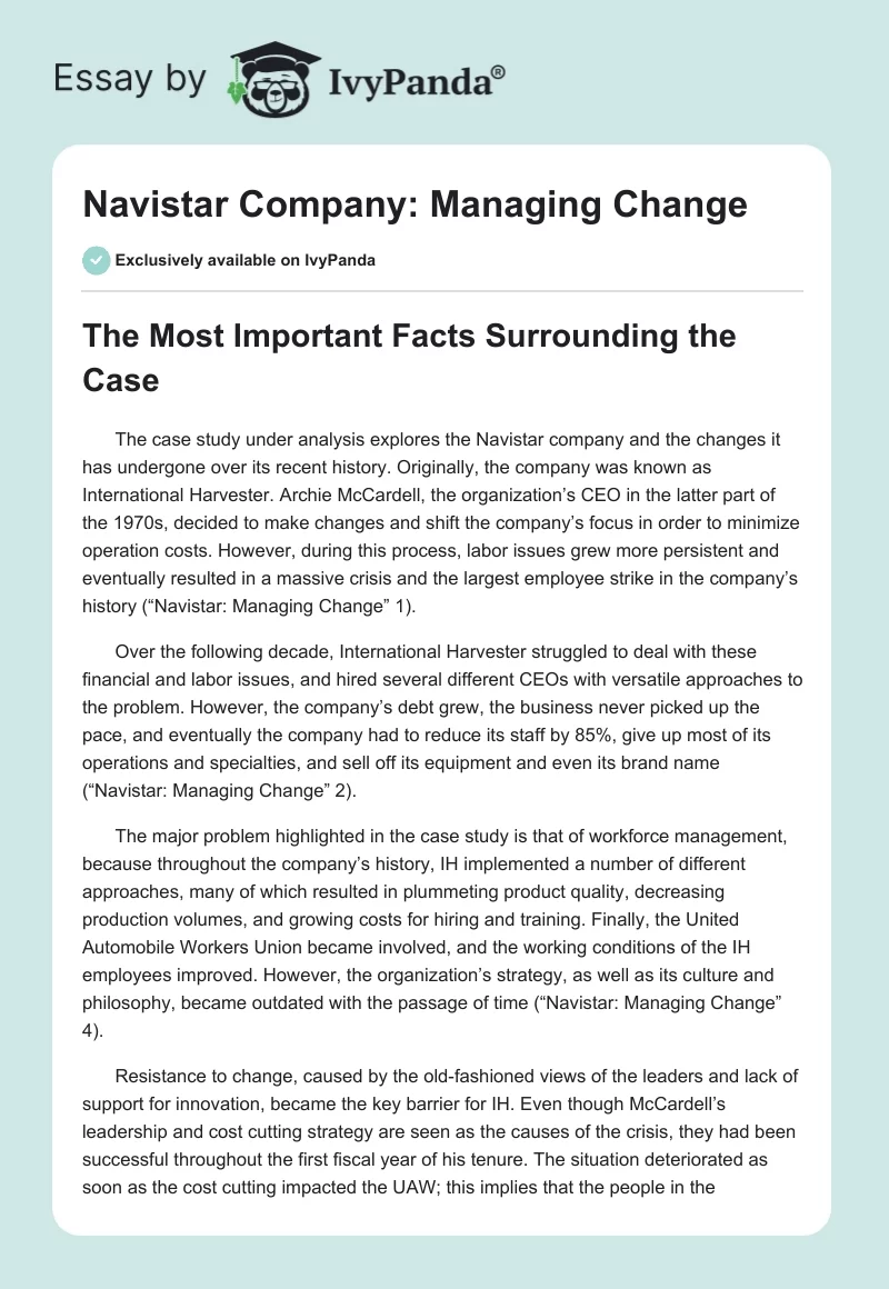 Navistar Company: Managing Change. Page 1