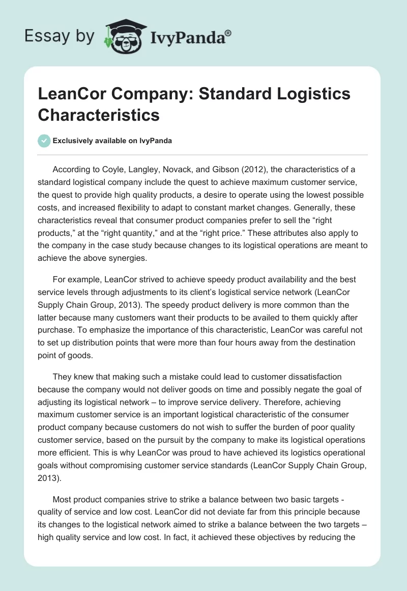 LeanCor Company: Standard Logistics Characteristics. Page 1