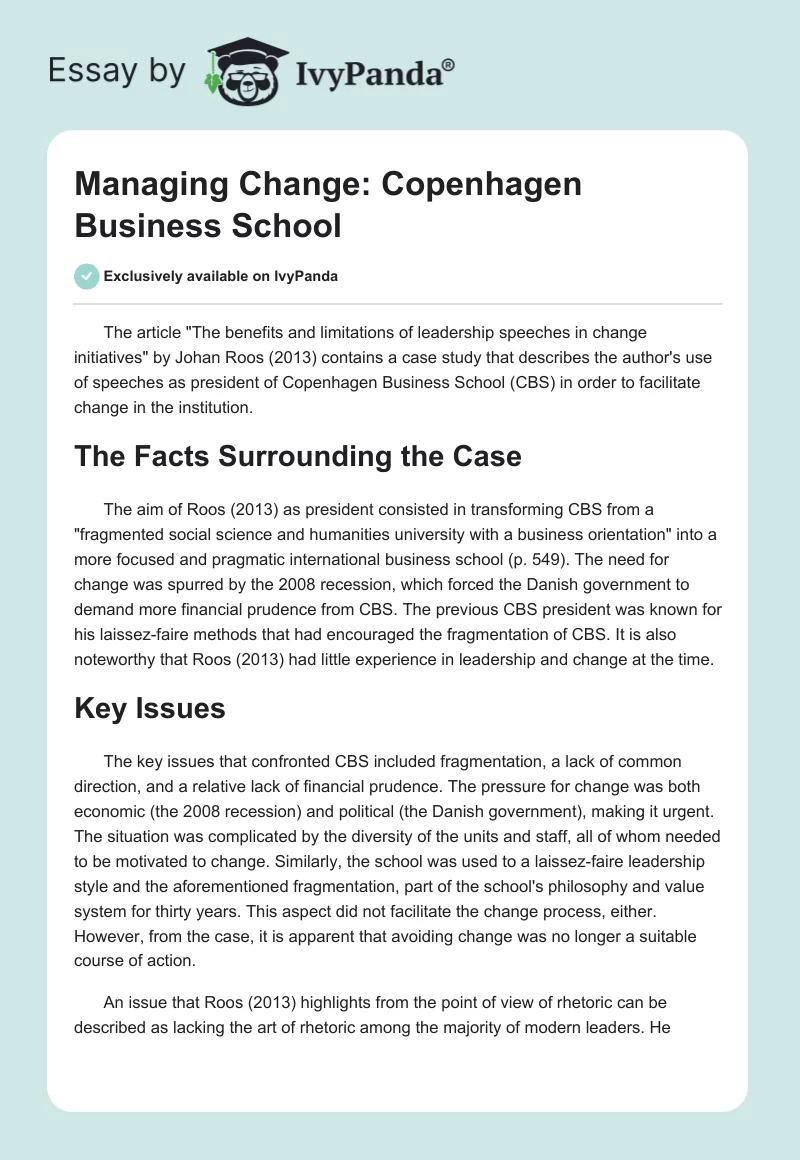 Managing Change: Copenhagen Business School. Page 1
