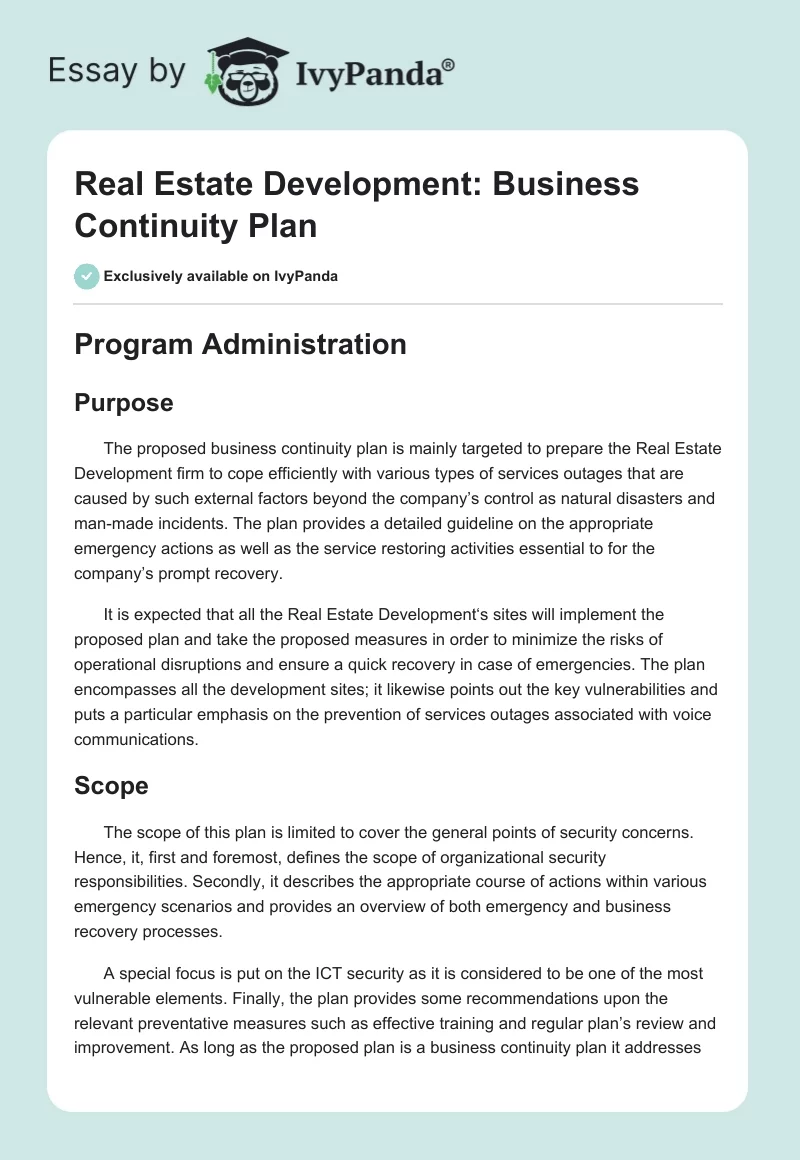 Real Estate Development: Business Continuity Plan. Page 1