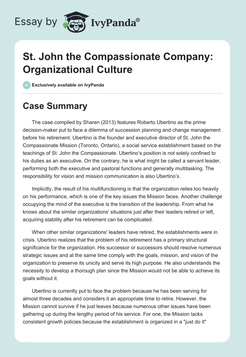 St. John the Compassionate Company: Organizational Culture. Page 1
