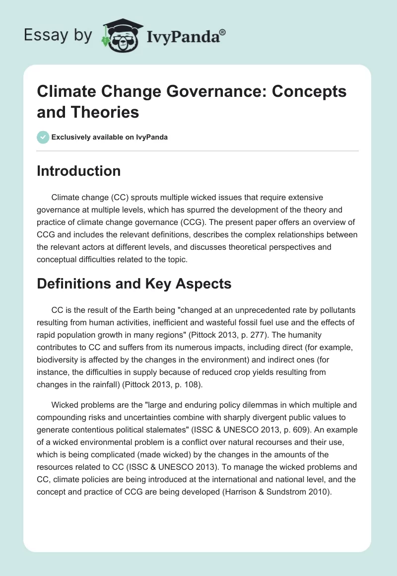 Climate Change Governance: Concepts and Theories. Page 1