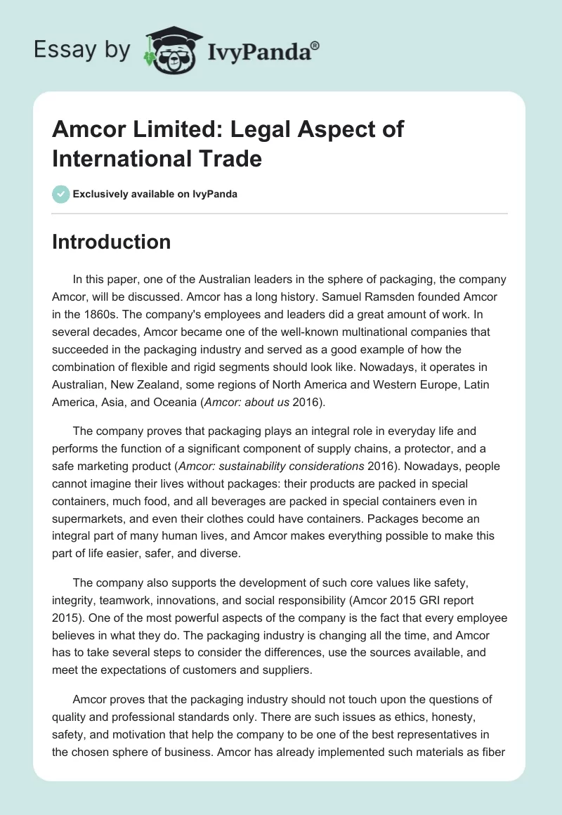 Amcor Limited: Legal Aspect of International Trade. Page 1