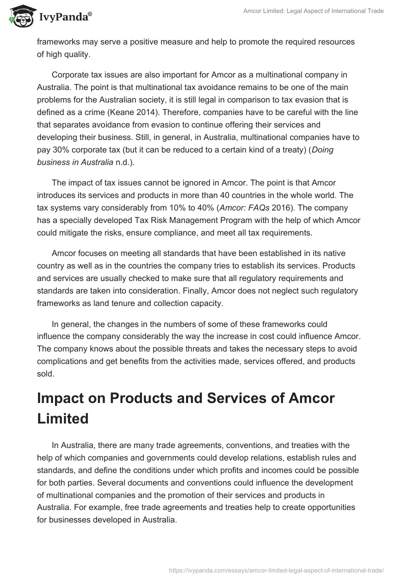Amcor Limited: Legal Aspect of International Trade. Page 3