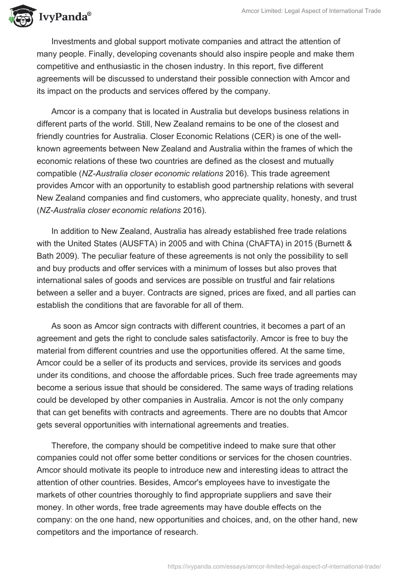 Amcor Limited: Legal Aspect of International Trade. Page 4