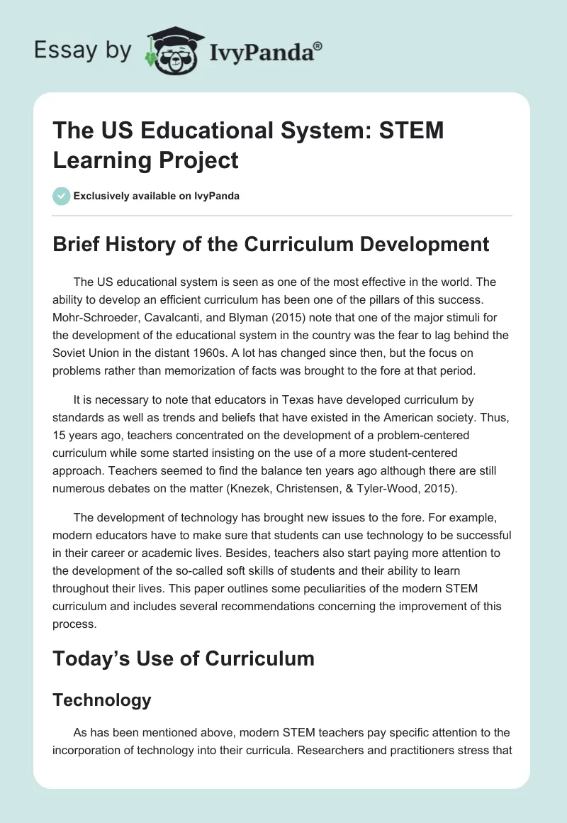 The US Educational System: STEM Learning Project. Page 1