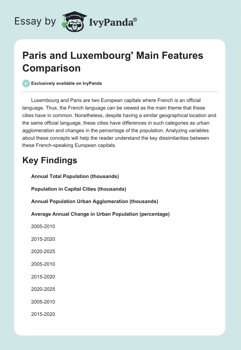 Paris and Luxembourg' Main Features Comparison. Page 1