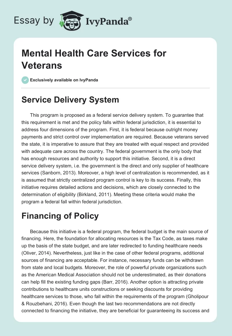 Mental Health Care Services for Veterans. Page 1