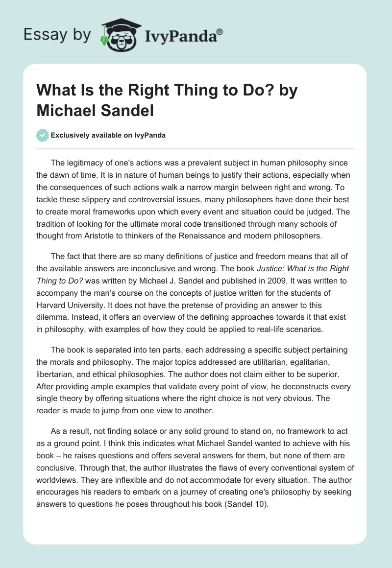 What Is the Right Thing to Do? by Michael Sandel. Page 1