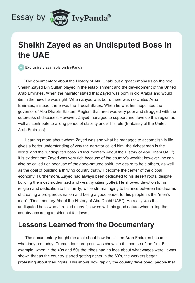 Sheikh Zayed as an Undisputed Boss in the UAE. Page 1