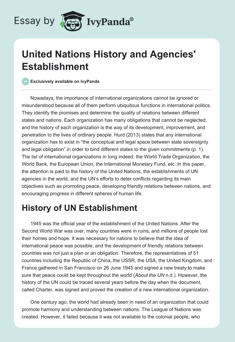 United Nations History and Agencies' Establishment. Page 1