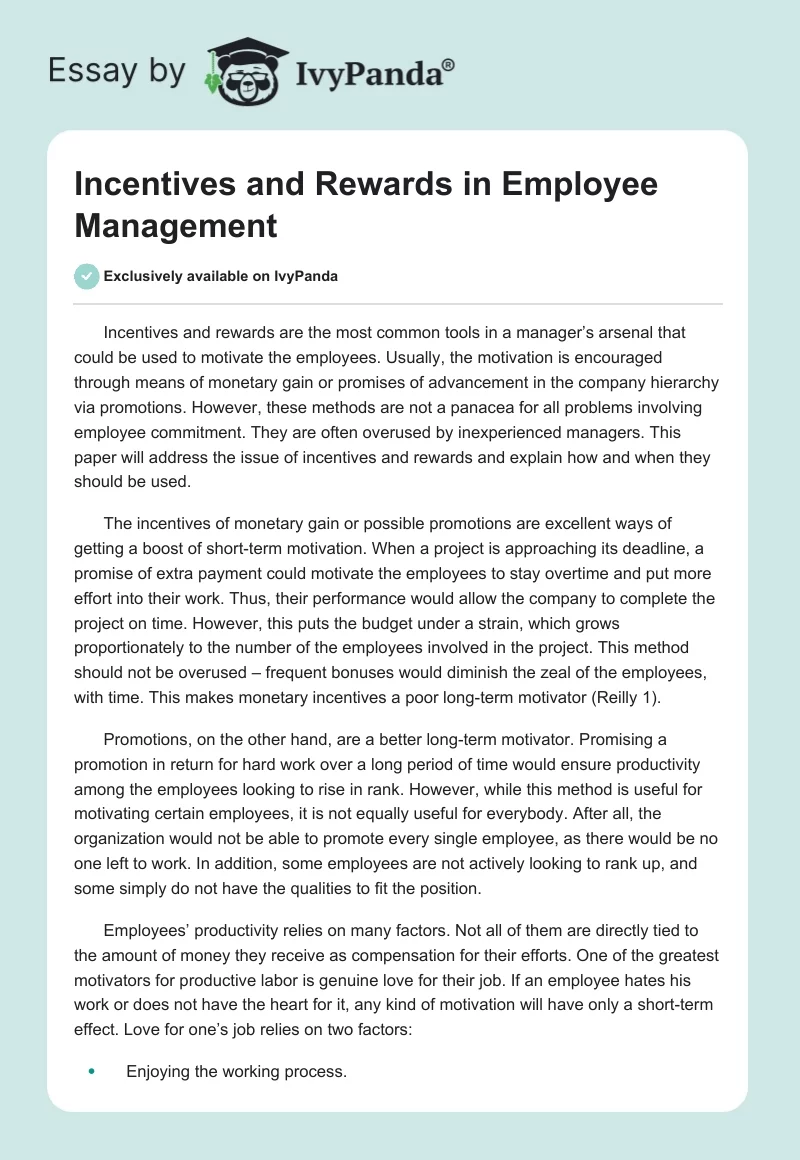 Incentives and Rewards in Employee Management. Page 1