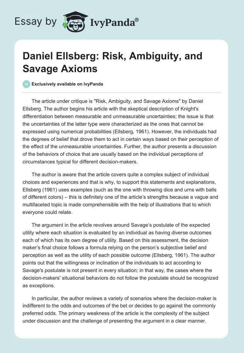 Daniel Ellsberg: Risk, Ambiguity, and Savage Axioms. Page 1