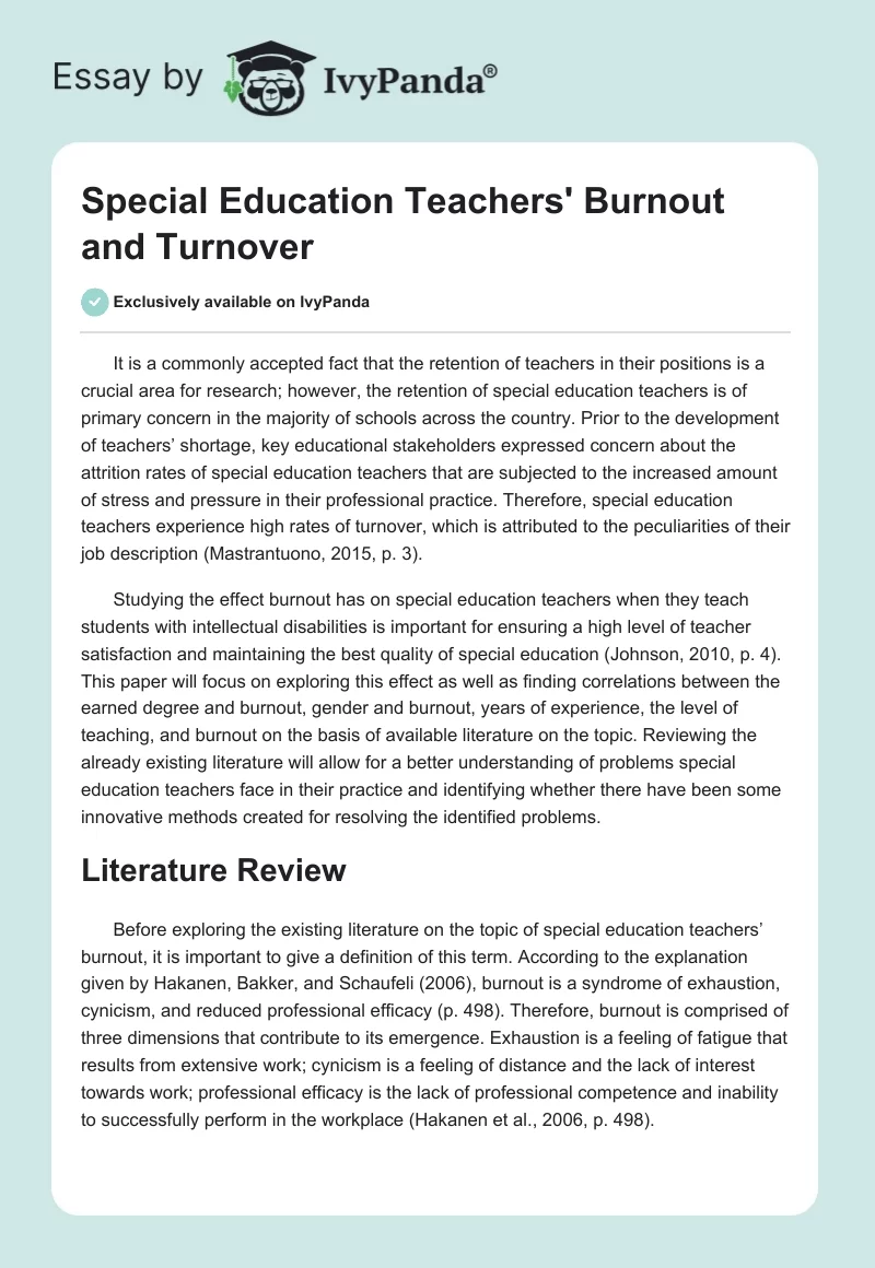 Special Education Teachers' Burnout and Turnover. Page 1